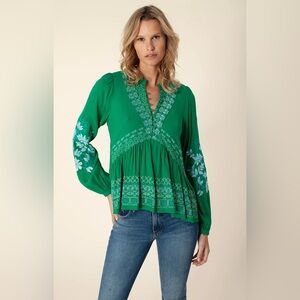 Hale Bob LA Donatella Embroidered Green Peasant Blouse - Women's Top